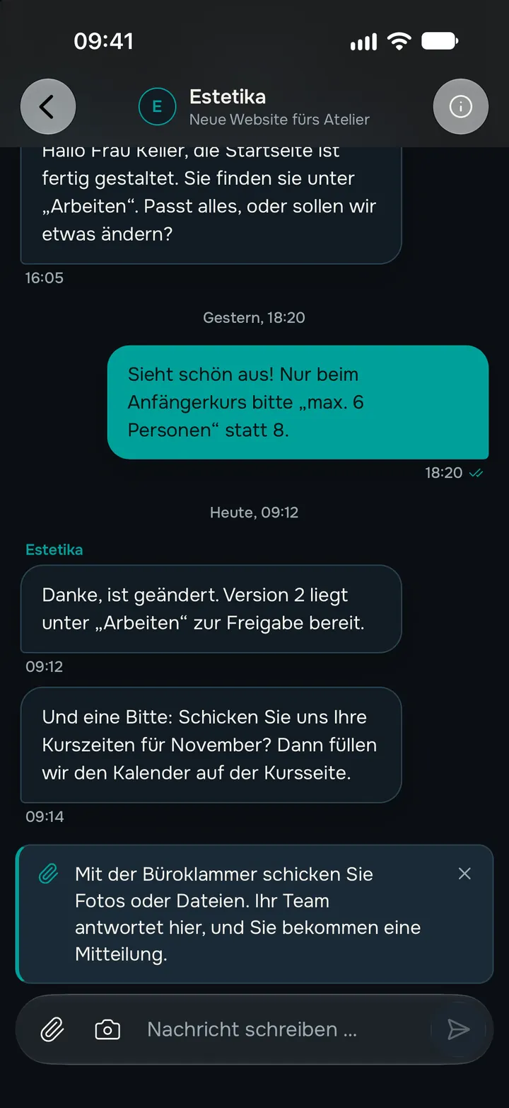 Chat mit dem Estetika-Team über eine Änderung an der Startseite.