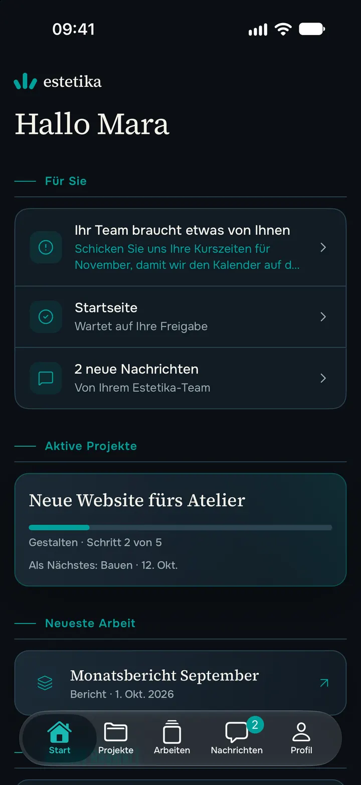 Startseite der Estetika-App mit einem Beispielprojekt: oben steht, was gerade auf Sie wartet, darunter der aktuelle Schritt.