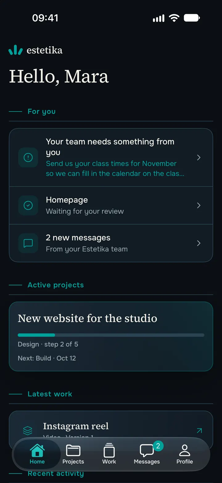 Écran d’accueil de l’application Estetika avec un projet d’exemple : en haut ce qui vous attend, en dessous l’étape en cours.
