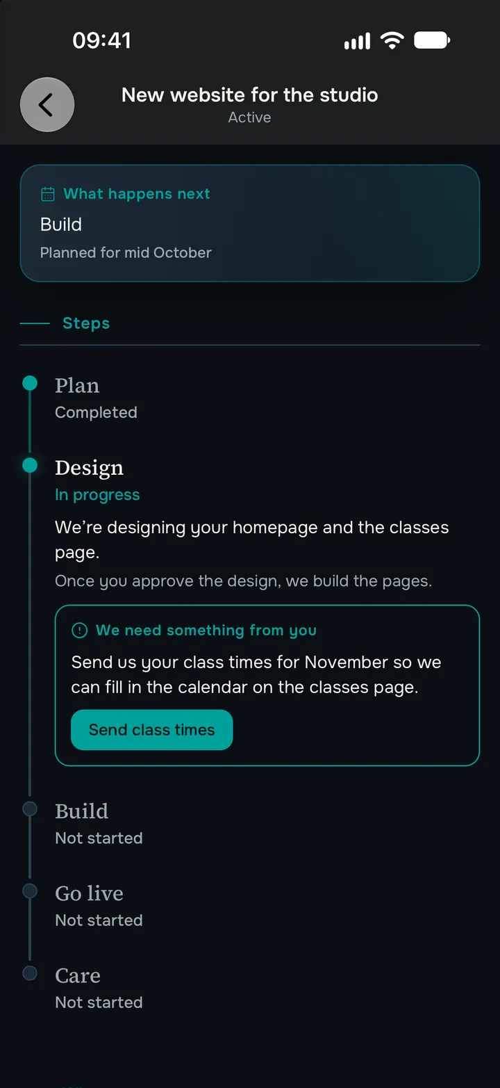 Étapes du projet : la planification est terminée, le design est en cours et l’équipe demande les horaires des cours.